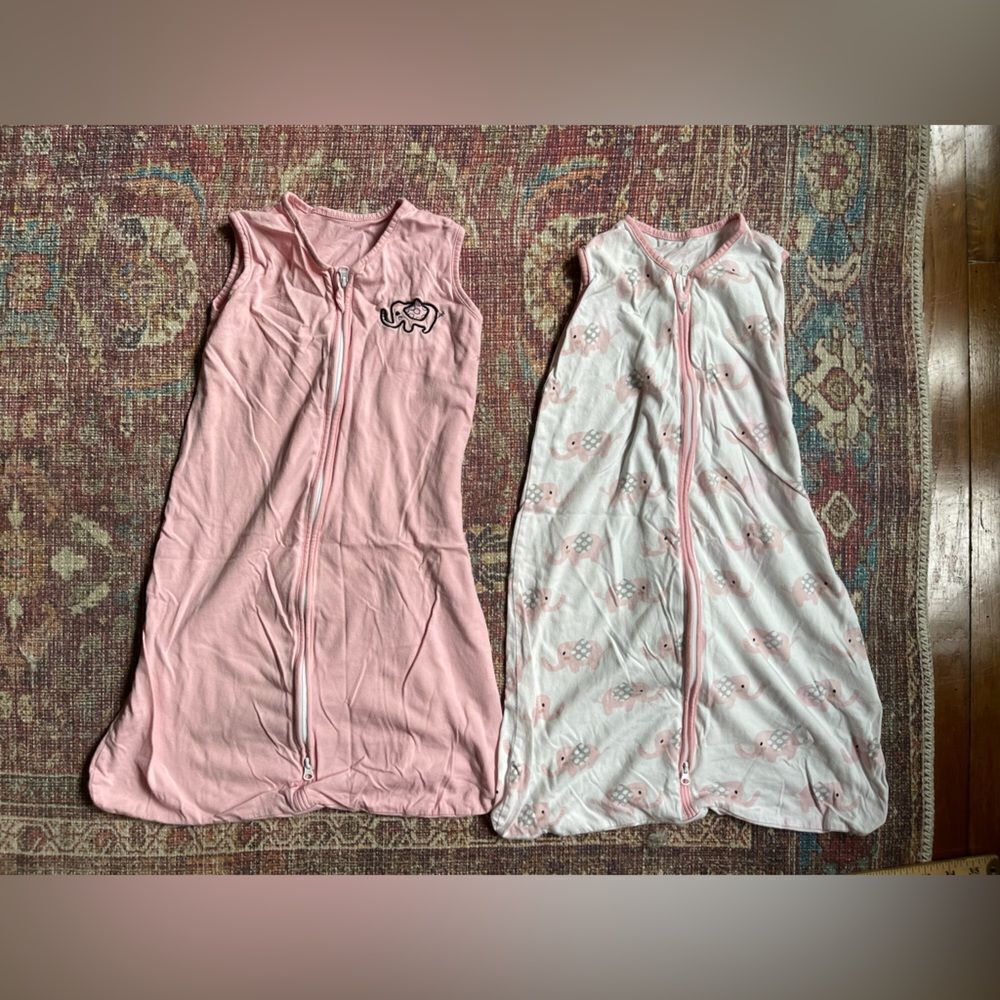 Set of 2 small 0-6 month TillYou Pink and White Baby elephant print Sleep Sacks